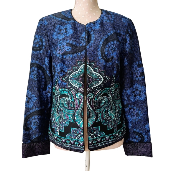 COLDWATER CREEK Blazer 10 Blue Paisley Open Front Lined Jacket - Picture 1 of 11